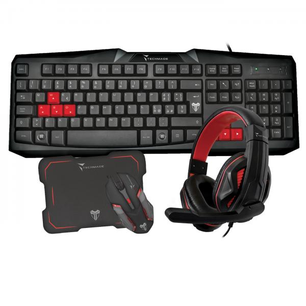 Techmade kit gaming tastiera usb mouse wireless 3.200 dpi cuffia gaming 1 x jack 3.5 mm tappetino mouse nero rosso