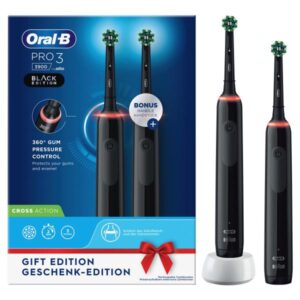 Oral-b pro 3-3900 spazzolino elettrico 2 spazzolini sensore di pressione ideale per denti sensibili 2 testine batteria litio black edition