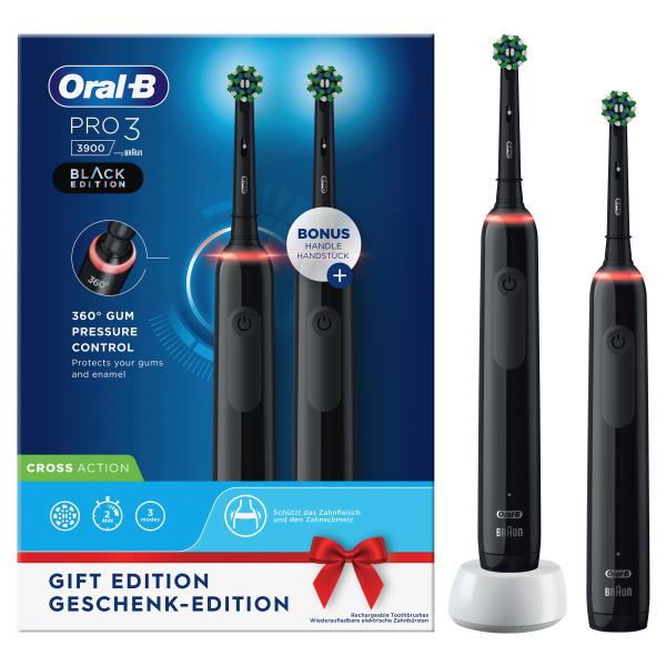 Oral-b pro 3-3900 spazzolino elettrico 2 spazzolini sensore di pressione ideale per denti sensibili 2 testine batteria litio black edition