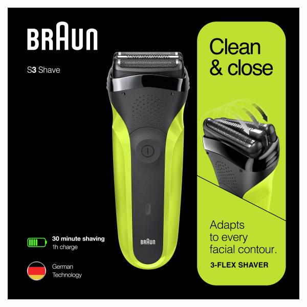 Braun series 3 300 rasoio elettrico uomo con 3 lame flessibili ricaricabile e senza fili nero-verde