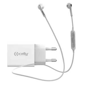 Celly caricatore da viaggio con auricolari bluetooth bianco