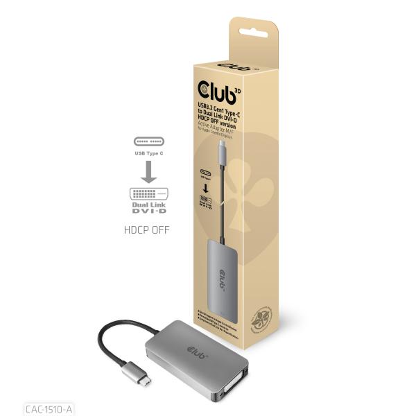 Club3d cac-1510-a adattatore attivo da usb 3.2 gen1 type-c a dual link dvi-d hdcp off versione s-b per display apple cinema