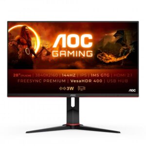 Aoc gaming u28g2xu2/bk 28 led ips uhd 16:9 144 hz 1 ms contrasto 1.000:1 freesync premium pro hdr400 hdmi 2.1 displayport usb hub nero/rosso