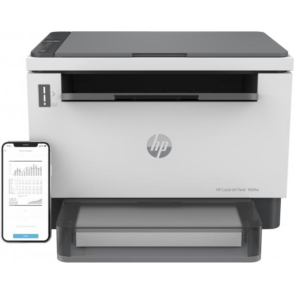 Laser tank 1604w 381l0a, stampante multifunzione con serbatoio toner integrato a ricarica rapida, stampa fronte e retro manuale in bianco e nero, 22 ppm, scansione a4, wi-fi, usb, hp smart, bianca