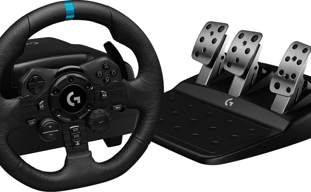 Logitech g923 volante da corsa e pedali trueforce 1000 hz di ritorno di forza, design di guida reattivo, launch control, doppia frizione, coprivolante in vera pelle, per ps5, ps4 e pc, nero