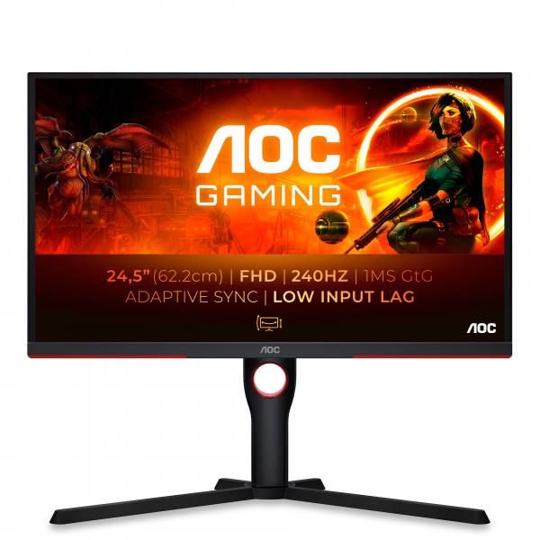 Aoc gaming 25g3zm - monitor full hd da 25 pollici, 240 hz, 0.5 ms, freesync premium (1920x1080, hdmi, displayport, hub usb), colore nero-rosso