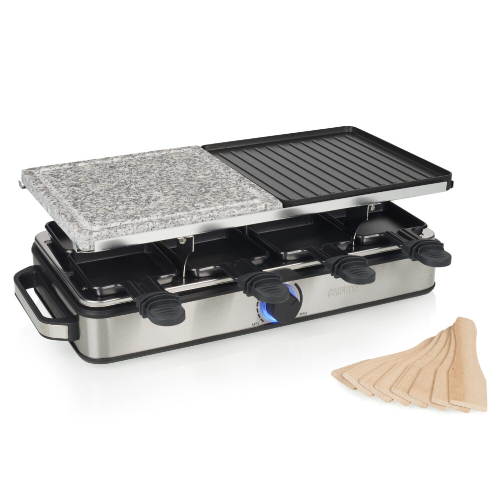 Princess raclette stone e grill deluxe bistecchiera griglia+pietra 2x21x21cm 8 padellini per raclette 1400w colore nero