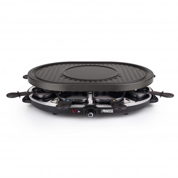 Princess grill party raclette ovale 1200w 43x30 cm piastra antiaderente removibile creperia integrata con padelline e spatole in legno nero
