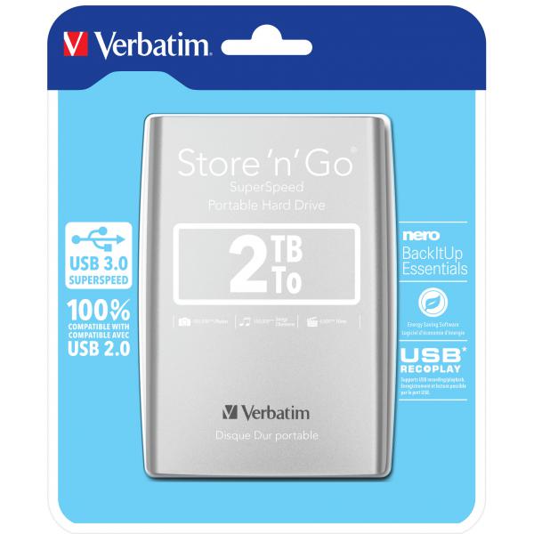 Verbatim store n`go hdd esterno 2.000gb usb 3.0 formato 2.5 5.400 rpm colore grigio garanzia italia (53189)