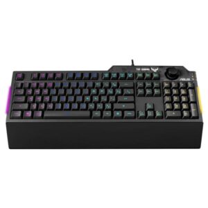 Asus tuf gaming k1 tastiera gaming usb, membrana, rgb a 5 zone, rollover a 19 tasti, manopola volume, resistente ai liquidi, barra luminosa laterale, macro programmabili, layout italia, nero