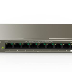 Tenda SWITCH PoE TEF1109P 8 63W - IEEE 802.3/u/x-IEEE802.3af/at IEEE-8xFE(PoE)+2xFE(Data+NVR)-output: 58W-Prot Ful 6KV-Extend