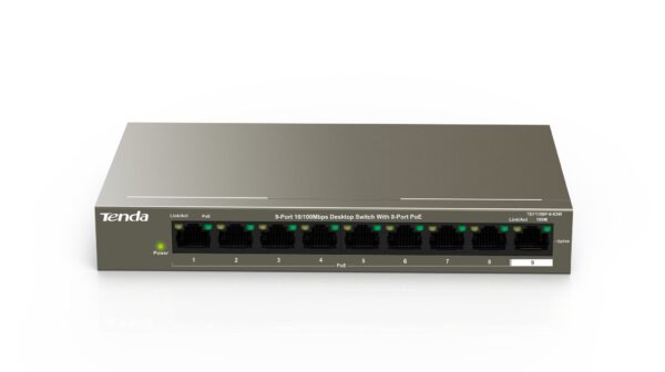 Tenda SWITCH PoE TEF1109P 8 63W - IEEE 802.3/u/x-IEEE802.3af/at IEEE-8xFE(PoE)+2xFE(Data+NVR)-output: 58W-Prot Ful 6KV-Extend
