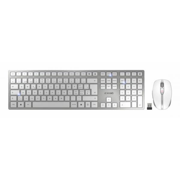 Cherry DW 9100 SLIM, Kabellos, RF Wireless + Bluetooth, Scherenschalter, QWERTZ, Silber, Weiß, Maus enthalten