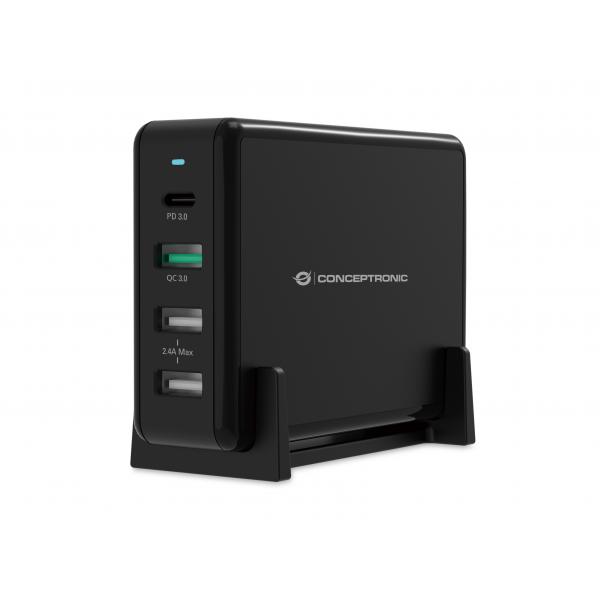 Conceptronic Caricatore da tavolo USB-PD a 4 porte 65 W OZUL, da interno, CA, 5 V, Nero