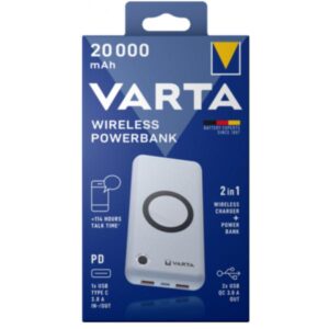 Varta Power Bank induttivo - 2-in-1 - Li-Pol - 20000 mAh - 74 Wh - 20 Watt - 3 A - PD, QC 3.0 - 3 punti di connessione in uscita (2 x USB, USB-C a 24 pin)