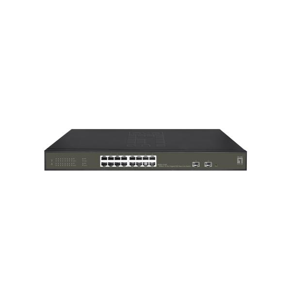 Switch LevelOne Hilbert Gigabit PoE Smart Lite a 18 porte, 16 uscite PoE, 2 x Gigabit SFP, 802.3at/af PoE, budget energetico PoE da 230 W, gestito, L2, Gigabit Ethernet (10/100/1000), full duplex, Power over Ethernet (PoE), installazione in rack