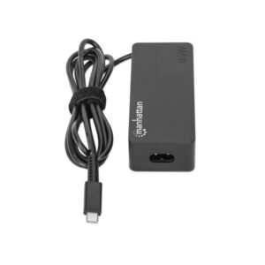Caricatore per laptop Manhattan USB-C Power Delivery da 65 W, adattatore di alimentazione CA a tipo C, voltaggio universale compatibile con la maggior parte dei notebook, ideale come secondo alimentatore o alimentatore sostitutivo, include cavo di alimentazione CA staccabile e cavo USB-C PD integrato, nero