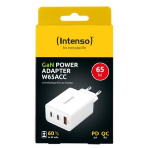 Intenso W65ACC - Alimentatore - GaN - 65 Watt - PD 3.0, PD/PPS, QC 4.0 - 3 punti di connessione in uscita (2 x USB-C, USB Type A)