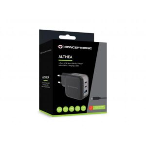 Caricabatterie USB PD GaN Conceptronic a 3 porte da 67 W con cavo di ricarica USB-C, USB-C x 2, USB-A x 1, QC 3.0, PPS, Interno, CA, 20 V, 1,5 m, Nero