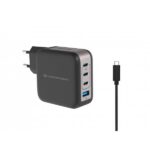 Caricabatterie USB PD GaN Conceptronic a 4 porte da 100 W con cavo di ricarica USB-C, USB-C x 3, USB-A x 1, QC 3.0, PPS, Interno, CA, 20 V, 1,5 m, Nero