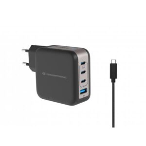 Caricabatterie USB PD GaN Conceptronic a 4 porte da 100 W con cavo di ricarica USB-C, USB-C x 3, USB-A x 1, QC 3.0, PPS, Interno, CA, 20 V, 1,5 m, Nero