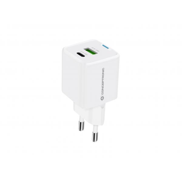 Caricabatterie USB PD GaN da 20 W Conceptronic a 2 porte, USB-C x 1, USB-A x 1, QC 3.0, PPS, Interno, CA, 12 V, Bianco