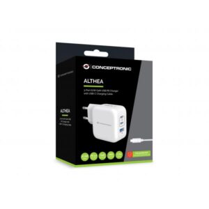 Caricabatterie USB PD GaN Conceptronic a 3 porte da 67 W con cavo di ricarica USB-C, USB-C x 2, USB-A x 1, QC 3.0, PPS, Interno, CA, 20 V, 1,5 m, Bianco