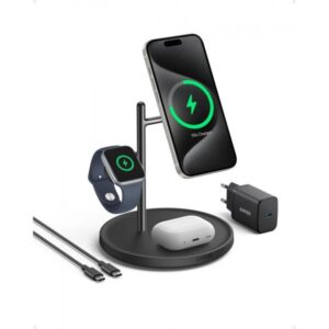 Anker Innovations Anker MagGo - Tappetino di ricarica induttivo - 3 in 1 + alimentatore CA - 25 watt - 3 punti di connessione in uscita (ricarica wireless)