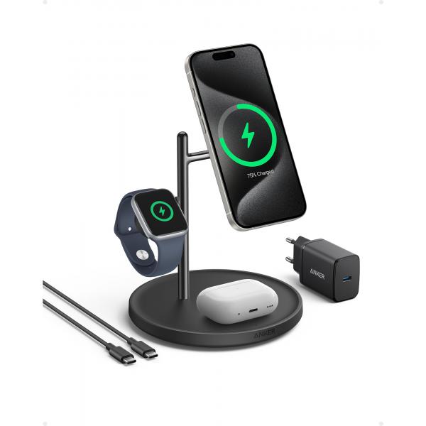 Anker Innovations Anker MagGo - Tappetino di ricarica induttivo - 3 in 1 + alimentatore CA - 25 watt - 3 punti di connessione in uscita (ricarica wireless)