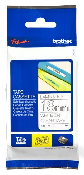 Brother TZe-145 - Adesivo standard - Bianco su trasparente - Rotolo (1,8 cm x 8 m)