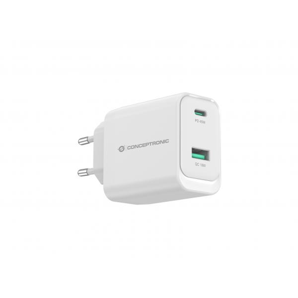 Conceptronic ALTHEA20W45 2-Port 45W GaN USB-PD-Ladegerät, USB-C x 1, USB-A x 1, QC 3.0, PPS, PD 3.0, Drinnen, AC, 20 V, Weiß
