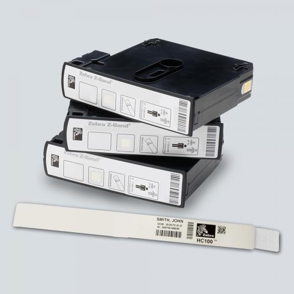 Zebra Z-Band Direct - polipropilene (PP) - adesivo acrilico permanente - perforato - 6 mil - bianco, tastatore nero - 25,4 x 279,4 mm 1200 pz. (6 rotoli)