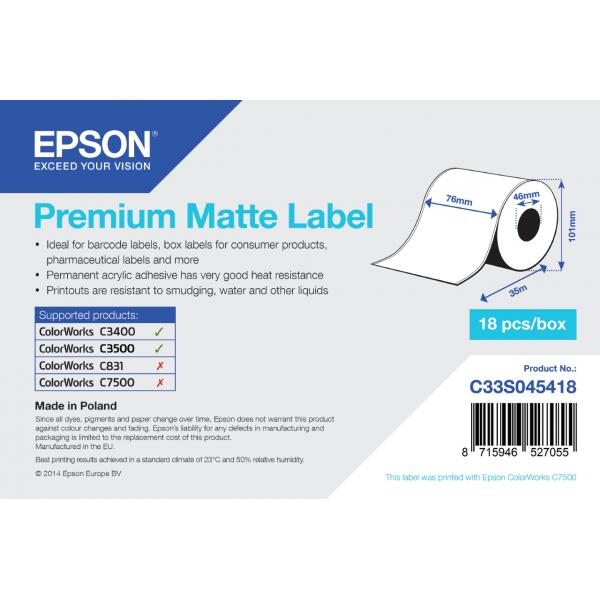 Epson Premium - Matt - Rotolo (7,6 cm x 35 m) 1 rotolo(i) di carta per etichette su modulo continuo - per Epson TM-C3400-LT; ColorWorks CW-C4000E (BK)