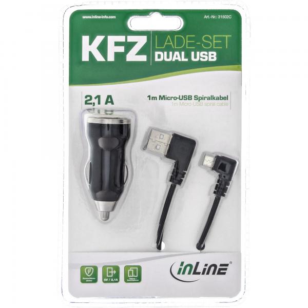 Set di ricarica per auto InLine USB DUAL+ - adattatore di alimentazione, cavo da 1 m - da 12/24 V CC a 5 V CC/2,1 A