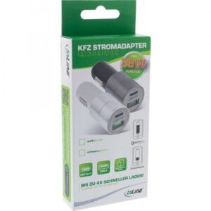 Adattatore di alimentazione per auto USB InLine Quick Charge 3.0 - da 12/24 V CC a 5 V CC/3 A - USB-A+USB-C