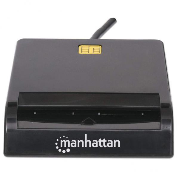 Lettore di smart card a contatto USB-A Manhattan, 12 Mbps, compatibile con tipo a frizione, esterno, Windows o Mac, cavo 105 cm, nero, tre anni di garanzia, blister