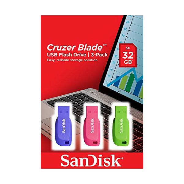 SanDisk Cruzer Blade - USB-Flash-Laufwerk - 32 GB - USB 2.0 - Blau, grün, pink (Packung mit 3)