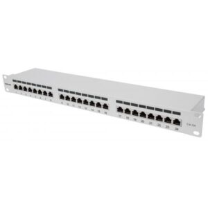 Pannello patch Intellinet Cat6a a 24 porte, schermato, 24 porte, FTP, 1 U, morsettiere con ingressi cavi angolati a 90 gradi, grigio - Pannello patch - CAT 6a - FTP - RJ-45 X 24 - Grigio - 1U - 48,3 cm (19")