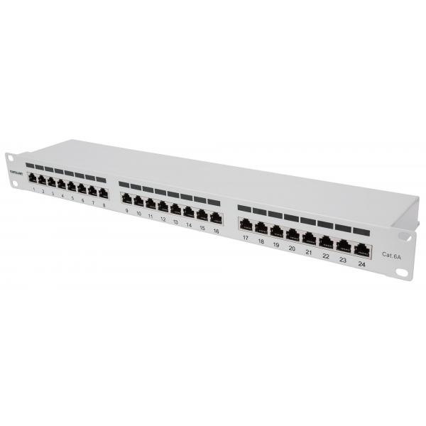 Pannello patch Intellinet Cat6a a 24 porte, schermato, 24 porte, FTP, 1 U, morsettiere con ingressi cavi angolati a 90 gradi, grigio - Pannello patch - CAT 6a - FTP - RJ-45 X 24 - Grigio - 1U - 48,3 cm (19")
