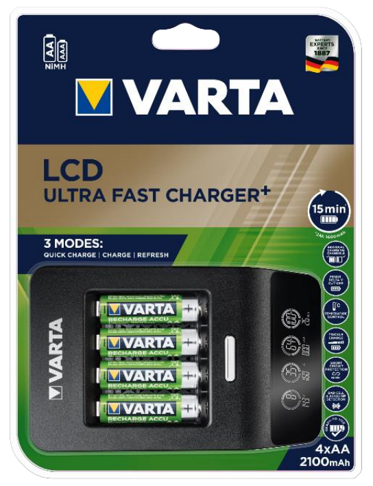 Varta LCD ULTRA FAST CHARGER+ - Caricabatterie da 0,25 ore - (per 4xAA/AAA)