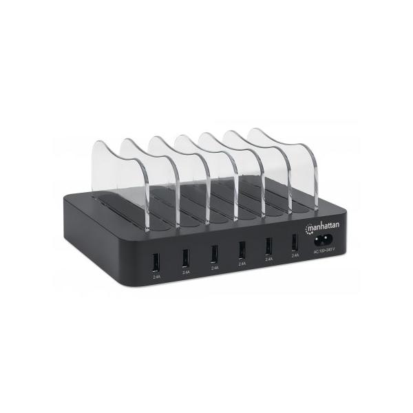 Stazione di ricarica Manhattan, 6 porte USB-A, Uscite: 6x 2,4 A, Smart IC, Indicatori luminosi LED, Nero, Tre anni di garanzia, Scatola - Stazione di ricarica - 50 Watt - 2,4 A - 6 punti di connessione in uscita (USB)