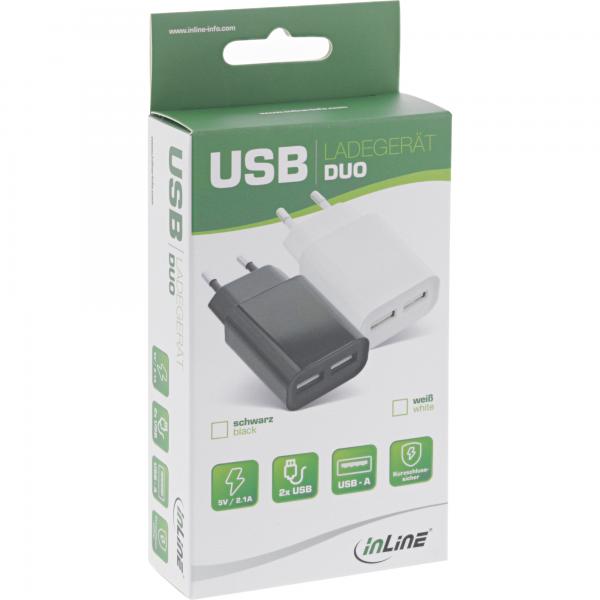 Caricabatterie USB InLine DUO - alimentatore doppio - da 100-240 V a 5 V/2,1 A - nero