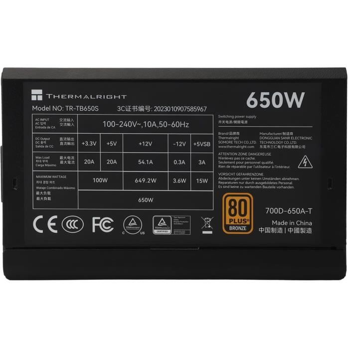 Alimentatore PC - THERMALRIGHT - TB650S - 650W - 80+ Bronzo - Non modulare - ATX 3.0 - Nero