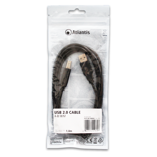CAVO ATLANTIS USB 2.0 A TO USB B, M/M, 1,8MT, (TIPO STAMPANTE), NERO, P019-UB2-ABMM-2