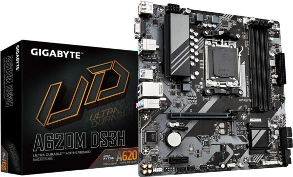 Gigabyte A620M DS3H - 1,0 - Motherboard - micro ATX - Socket AM5 - AMD A620 Chipsatz - USB 3,2 Gen 1, USB-C 3,2 Gen 1 - Gigabit LAN - Onboard-Grafik (CPU erforderlich) - HD Audio (8-Kanal) (A620M DS3H)
