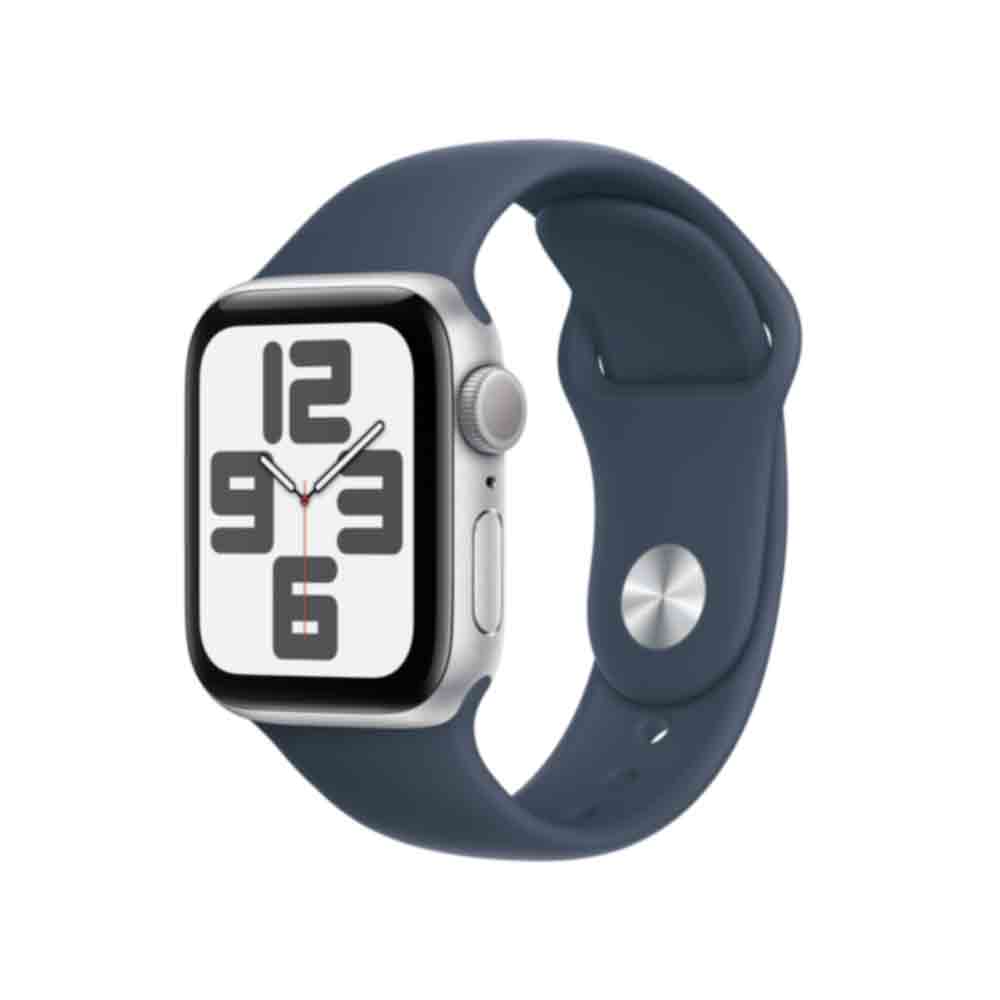 Apple Watch SE (GPS) - 40 mm - Aluminium, Silber - intelligente Uhr mit Sportband - Flouroelastomer - Storm Blue - Bandgröße: M/L - 32GB - Wi-Fi, Bluetooth - 26,4 g (MRE23QF/A)