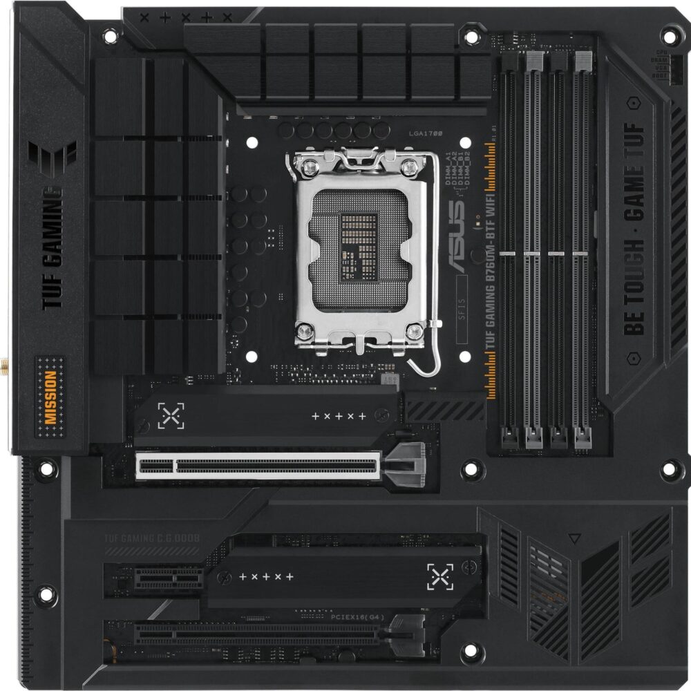 ASUS TUF GAMING B760M-BTF WIFI - Motherboard - micro ATX - LGA1700-Sockel - B760 Chipsatz - USB 3,2 Gen 1, USB 3,2 Gen 2, USB-C 3,2 Gen 2x2, USB-C 3,2 Gen 1 - 2,5 Gigabit LAN, Wi-Fi 6, Bluetooth - Onboard-Grafik (CPU erforderlich) - HD Audio (8-Kanal) (90MB1G50-M0EAY0)
