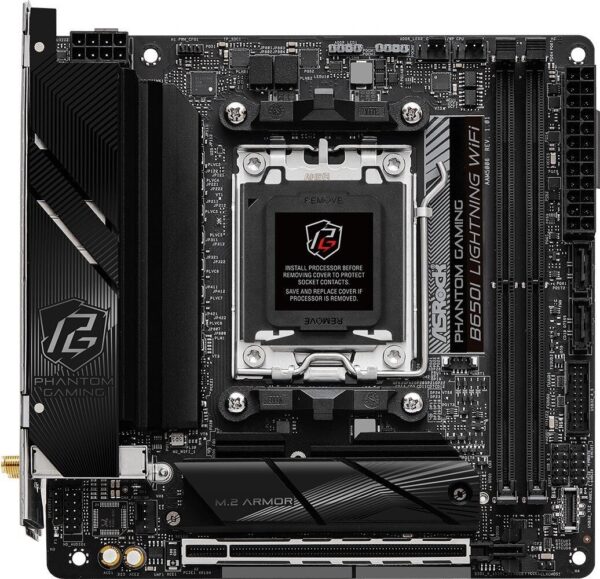 ASRock Phantom Gaming B650I Lightning WiFi - Motherboard - Mini-ITX - Socket AM5 - AMD B650 Chipsatz - 2,5 Gigabit LAN, Wi-Fi 6E, Bluetooth - Onboard-Grafik (CPU erforderlich) - HD Audio (8-Kanal) (90-MXBMP0-A0UAYZ)