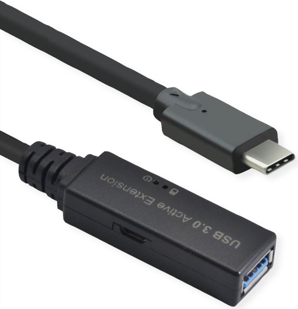 ROLINE Ultralanges USB3.2 Gen1 Verlängerungskabel C-A ST/BU 20 m - Kabel - Digital/Daten - 20 m - Schwarz (12.04.1068)