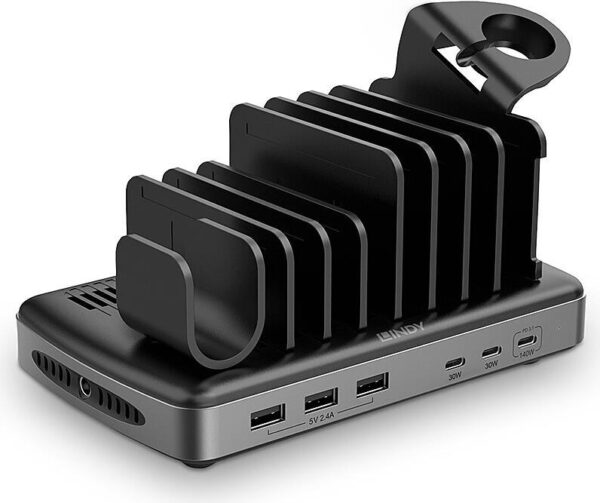 Lindy - Ladestation - 160 Watt - PD 2,0, PD 3,0, QC 3,0, QC 4,0, AFC, Power Delivery 3,1, USB BC 1,2, Apple 2,4A, PD/PPS - 6 Ausgabeanschlussstellen (3 x USB Typ A, 3 x USB-C) - Grau, Schwarz (73436)